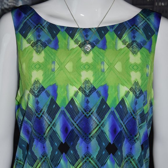 Maggy London size 6 Sleeveless Blue & Green Knee Length Lined Dress - Picture 2 of 10